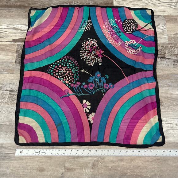 Vintage Milanowek Silk Scarf Black Mod Floral Rainbow Print 70s Square 24x25 - Picture 8 of 9